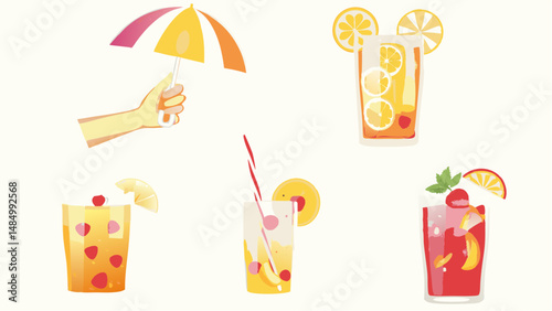 Collection of vibrant summer cocktails with fruit garnishes and a hand holding an umbrella design element