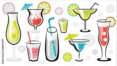 Illustration of various colorful cocktails and drinks with straws and umbrellas on a white background artful