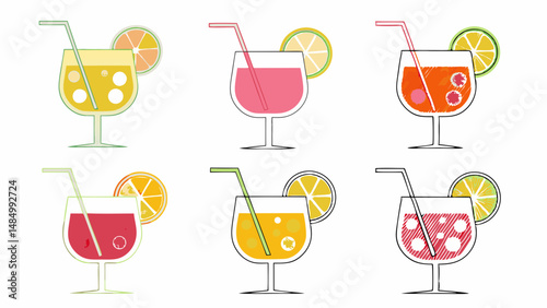Illustration of six cocktails with different colors and fruit slices on a white background surface view