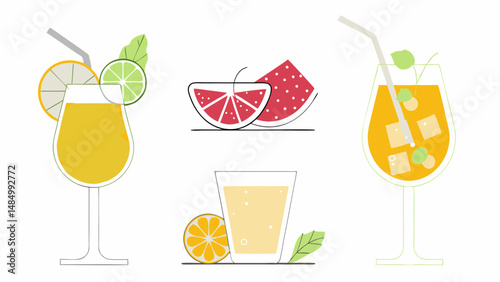 Illustration showing a collection of various fruit drinks and fruit slices on a plain white background.