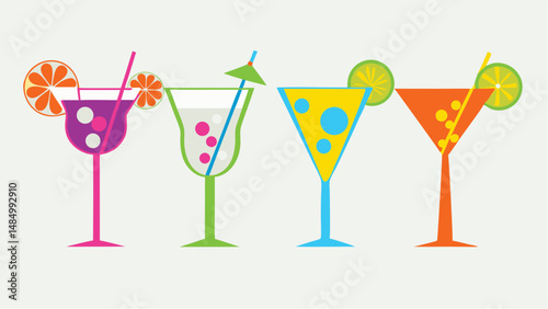 Illustration of four colorful cocktails with fruit slices and straws arranged side by side on a white background
