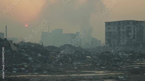 Apocalyptic Sunset Over a Wasteland: Urban Decay and Industrial Pollution