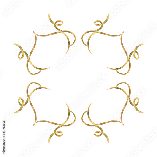 Gold curls frame of vibrant collection of ribbons. Hand-painted in watercolor with gold paint accents. Isolate frame from elements for decorating and designing textiles, interior, wallpaper, prints