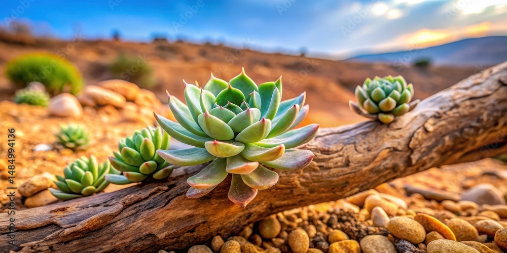 Fototapeta premium A succulent cactus lithops plant growing on a tree branch in a desert landscape with rocky terrain and sandy soil , succulent plants, botanical garden