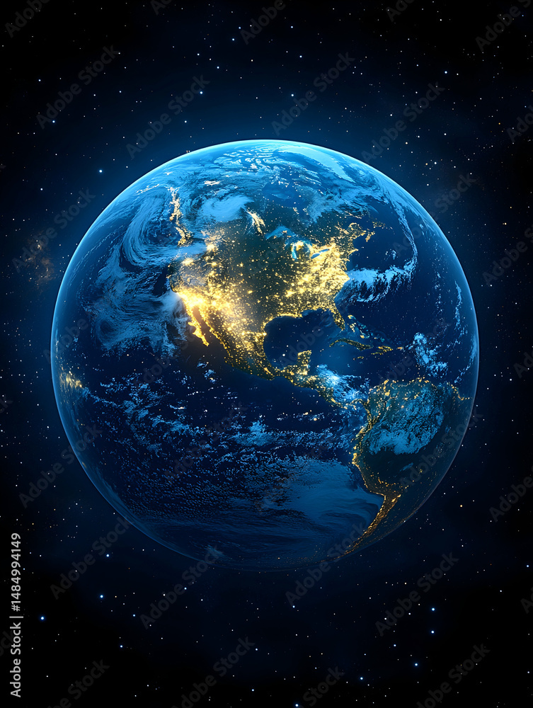 Obraz premium Night view of Earth, showing North and Central America illuminated against a dark space backdrop
