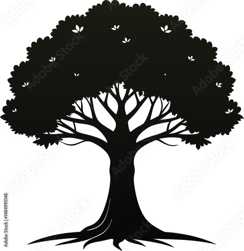 Silhouette of an Oak Tree with Lush Foliage and Strong Trunk