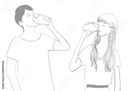 ビールを美味しく飲む二人（手描きグレーと白）