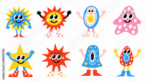 Collection of eight whimsical cartoon characters with star and sun shapes and bright colors standing upright