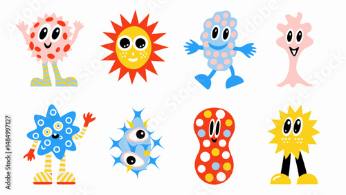 Illustration featuring a collection of eight cartoonish monsters with various colors and patterns