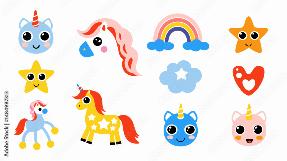 Naklejka premium Collection of cartoon unicorns, stars, rainbow, cloud and heart on a white background illustration