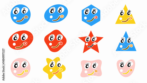 Cartoonish shapes with eyes and smiles in various colors and geometric forms arranged on a white background