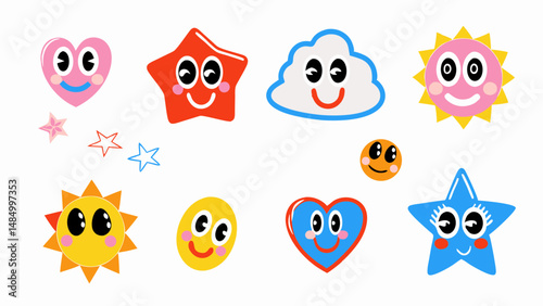 Illustration of cartoon heart star cloud and sun shapes with cute smiling faces on a white background