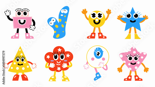 Collection of cartoon geometric shapes with faces arms and legs on a white isolated background design