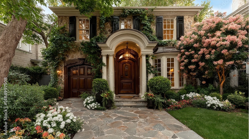 Fototapeta premium Grand mansion entrance with ornate doorway, framed by lush greenery; timeless elegance of luxury estate architecture.