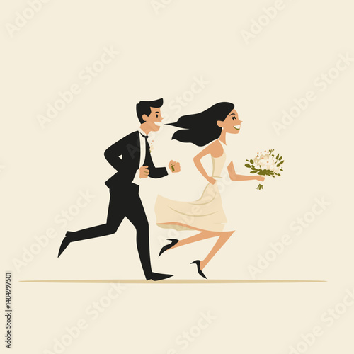 Playful bride and groom running together