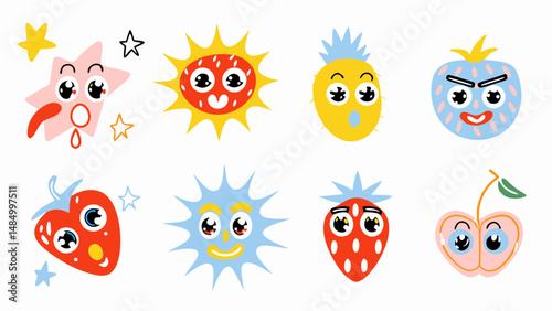 Cartoonish fruits and stars with expressive faces in a colorful and playful illustration style artwork