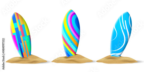 surfboards mounted on the sand pile.realistic modern pattern surfing boards design isolated on the white background.summer vacation beach sport object clip art vector illustration.