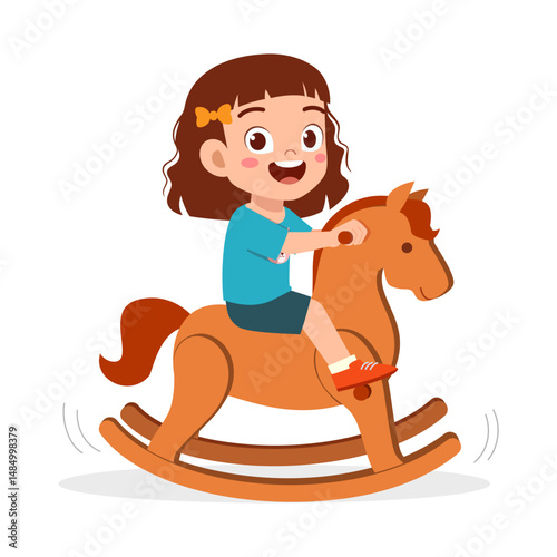 Happy Little Girl Riding a Toy Rocking Horse and Smiling in a Colorful Illustration