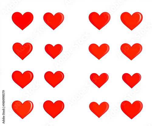 A collection of glossy red heart icons arranged in a grid on a white background, symbolizing love, passion, affection, and romance in a modern and minimalistic digital design.