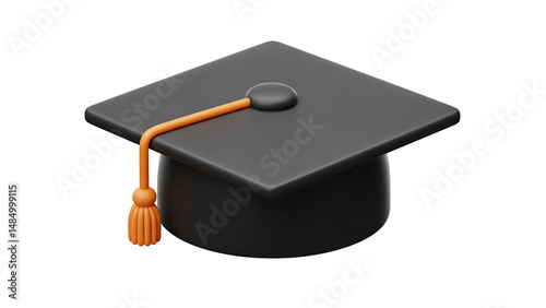 3D Render:  Black Graduation Cap with Orange Tassel, Isolated on White