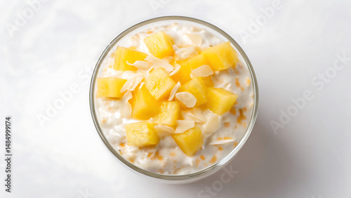 Ambrosia salad Ambrosia salad with creamy texture topped with fresh pineapple and almond slices in glass bowl