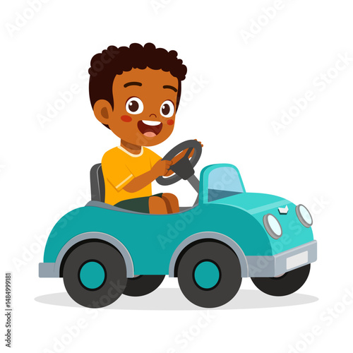 Happy Little Boy Driving a Toy Car with a Big Smile on His Face in Illustration Style