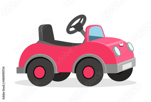 Illustration of a pink toy car with black wheels and a steering wheel on white background