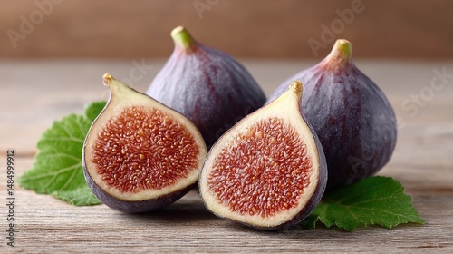 Ripe figs with leaves on the table.
