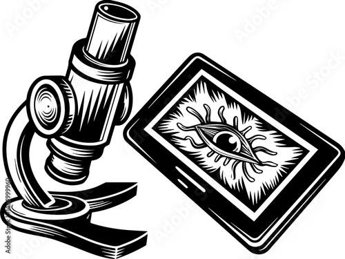 SVG vector of a laboratory and research facility focused on biology. Microscope Connected to Tablet for Enhanced Zoom and Viewing Experience
