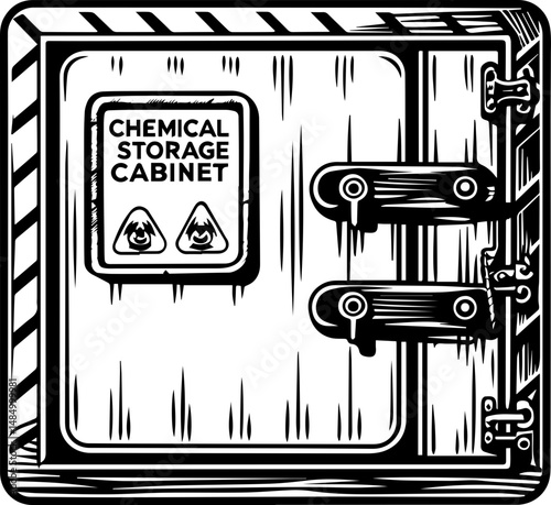 SVG vector of a laboratory and research facility focused on biology. Chemical Storage Cabinet with Warning Labels and Safety Features