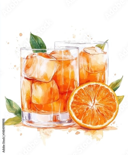 Cocktail with ice and orange slice in watercolor style.
