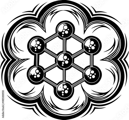 SVG vector of a laboratory and research facility focused on biology. Detailed Illustration of Atoms and Bonds in a Molecular Structure