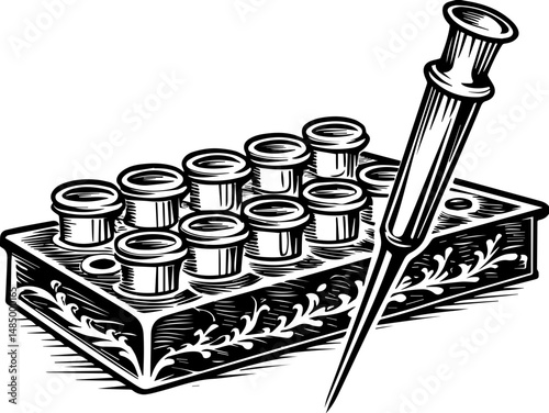 SVG vector of a laboratory and research facility focused on biology. Vintage Style Pipette and Well Plate for Laboratory Work