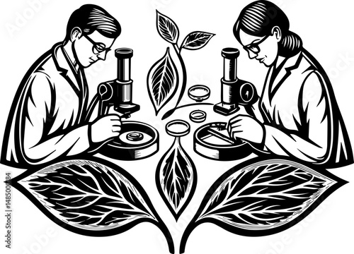 SVG vector of a laboratory and research facility focused on biology. Scientists Observing Leaf Cells Under Microscope in Biology Lab