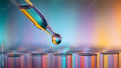 Close-up of Pipette Dispensing Liquid into Test Tubes Against a Colorful Background