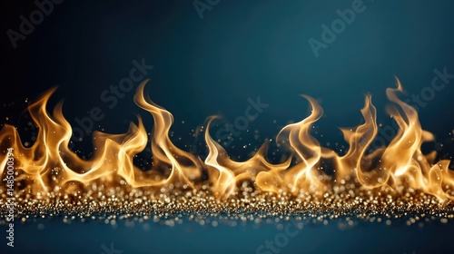 Background with fire flames and golden glitter on blue background.
