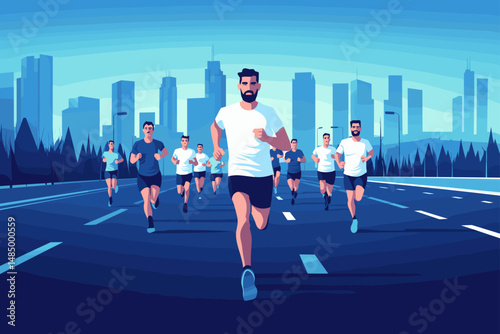 City Marathon with Runners in Synchronization