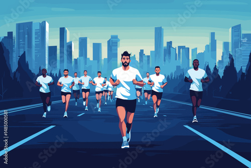 City Marathon with Runners in Synchronization