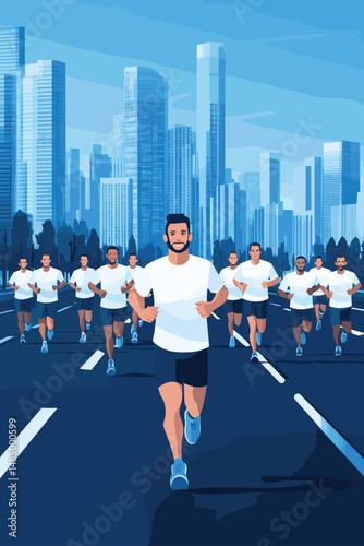City Marathon with Runners in Synchronization