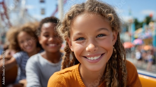 A portrait of a cheerful teenage girl on an amusement park ride on a bright sunny day. A group of teenagers at an amusement park.