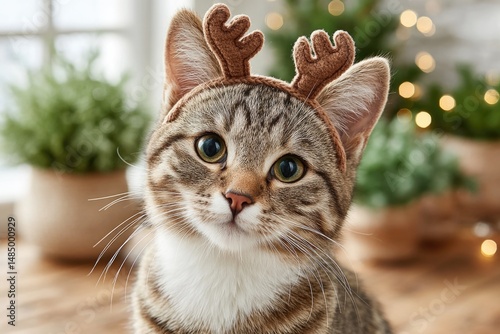 Cute kitten wearing a Christmas headband with reindeer antlers.