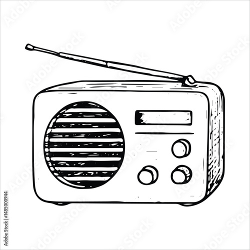 Hand-drawn radio sketch, ideal for podcast and broadcasting designs. Black and white vector style, perfect for media and vintage audio projects