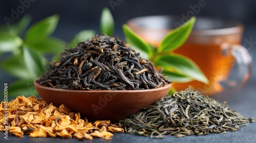 Black tea brewing in a bowl and green shoots in the background.