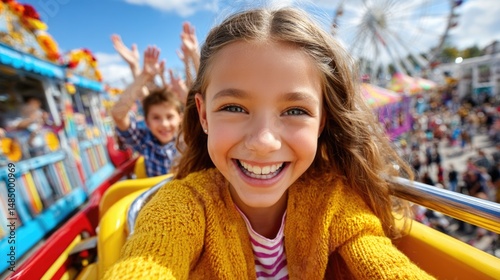 Children riding a roller coaster at an amusement park.