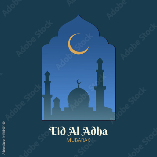 Vector illustration design for an Eid Mubarak greeting card featuring a mosque silhouette against a night sky with a moon, eid al adha