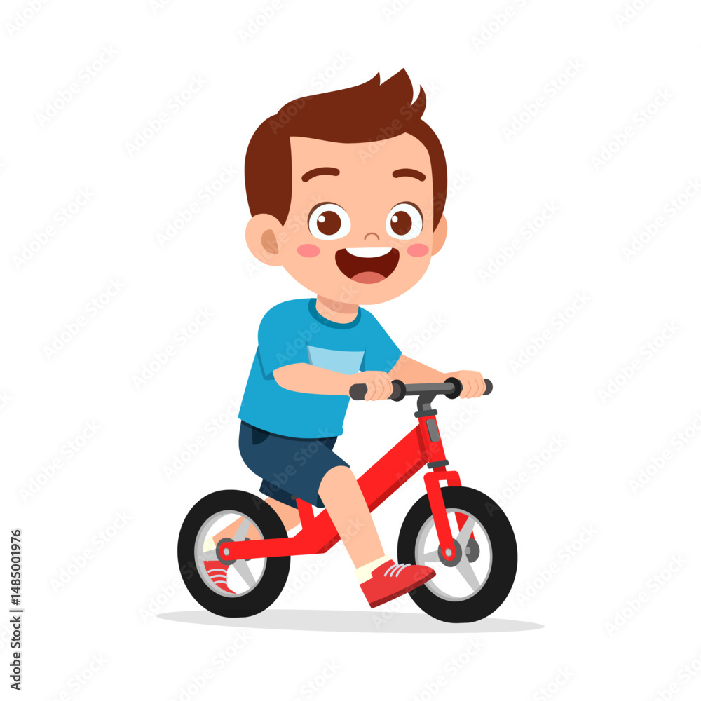 Happy Boy Riding Balance Bike with Smiling Expression in Cartoon Illustration Style on White Happy Boy Riding Balance Bike with Smiling Expression in Cartoon Illustration Style on White