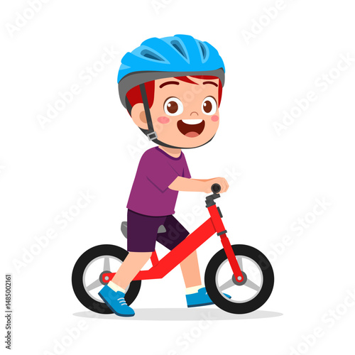 Happy Boy Riding Red Balance Bike Wearing Blue Helmet in Cartoon Illustration Style