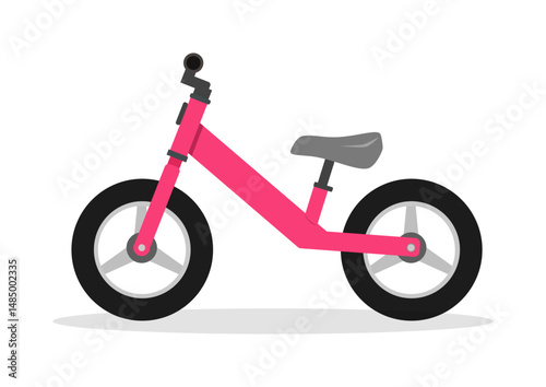 Pink balance bike for kids with gray seat, a training bicycle without pedals vector illustration