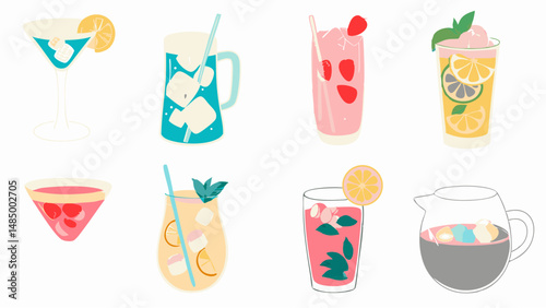 Illustration of various colorful refreshing summer cocktails and drinks with fruit and ice on a white background