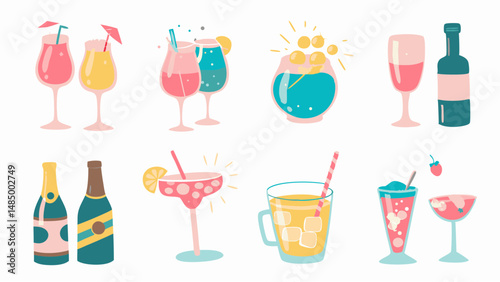 Illustration of various alcoholic and non alcoholic beverages in glasses and bottles on a white background